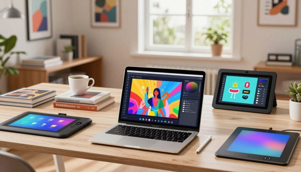 A modern workspace showcasing various AI design tools. In the foreground, a sleek laptop is open, displaying a vibrant digital art interface. To the sides, an array of graphic tablets, styluses, and design software icons, each rendered in an inviting and colorful style. The middle layer features a contemporary desk filled with design books and a coffee cup, emphasizing creativity and productivity. The background includes a large window with natural light flooding the space, creating a warm and inspiring atmosphere. The room is stylishly decorated with motivational art prints and plants, enhancing the ambiance. The entire scene is depicted in a high-resolution format, with a focus on clarity and detail, evoking a sense of innovation and artistic exploration.