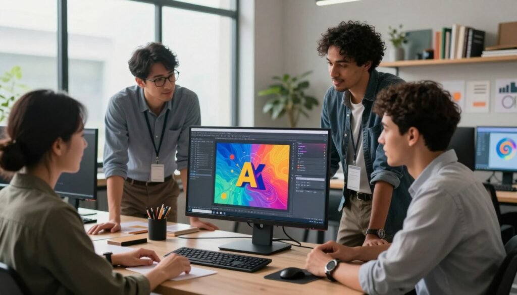 A modern workspace with a sleek computer workstation at the forefront, showcasing a high-resolution monitor displaying a vibrant, colorful interface for AI image creation. In the middle, a diverse group of professionals—two men and one woman—collaboratively discussing a visual project. They are dressed in smart business attire, with focus and enthusiasm in their expressions. The background features a large window letting in soft, natural light, along with shelves filled with art books and digital design tools, creating a creative atmosphere. The overall mood is inspirational and innovative, with a blend of warm and cool tones to evoke creativity and collaboration. The image captures the essence of a step-by-step workflow in AI image generation, emphasizing teamwork and technology.