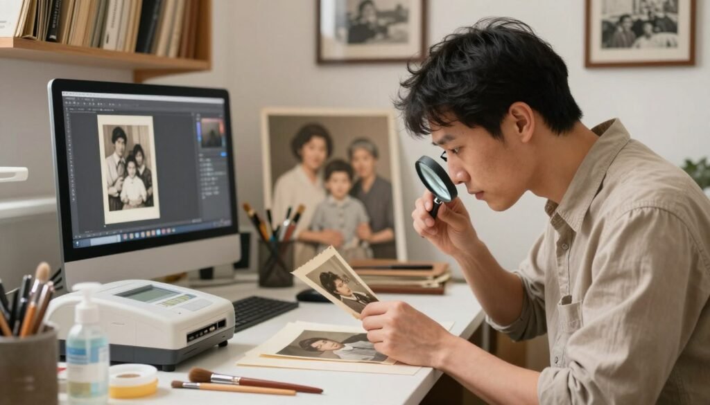 A nostalgic scene depicting a vintage photo restoration process. In the foreground, a skilled professional wearing modest casual clothing sits at a well-lit desk, carefully examining a faded photograph under a magnifying glass. Their focused expression conveys dedication. Surrounding them are tools such as a high-resolution scanner, a computer with image editing software open, and various brushes and cleaning supplies. In the middle ground, a soft-focus image of a family gathered together decades ago is partially visible, symbolizing the importance of memories. The background showcases a warm, inviting workspace with shelves filled with old photo albums and framed black-and-white pictures, bathed in soft, natural light. The atmosphere is reflective and meaningful, evoking a sense of cherishing one's past while embracing modern technology.
