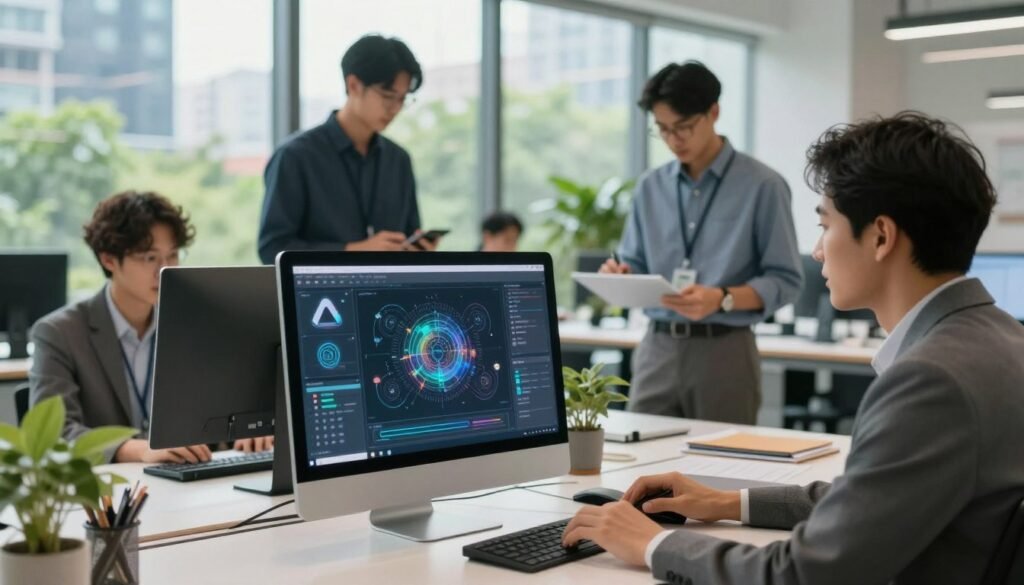 A photorealistic depiction of natural integration techniques for product enhancement using AI. In the foreground, a sleek, modern workspace featuring a high-tech computer displaying AI-generated graphics. The middle ground showcases a diverse group of business professionals, dressed in professional attire, collaborating and interacting with digital interfaces. In the background, large windows reveal a vibrant urban landscape with greenery, creating a harmonious balance between technology and nature. The scene is illuminated by soft, natural light pouring in, enhancing the vivid colors of the workspace. Use a slight depth of field to focus on the professionals while softly blurring the background, evoking a mood of innovation and collaboration in the realm of AI and product design.