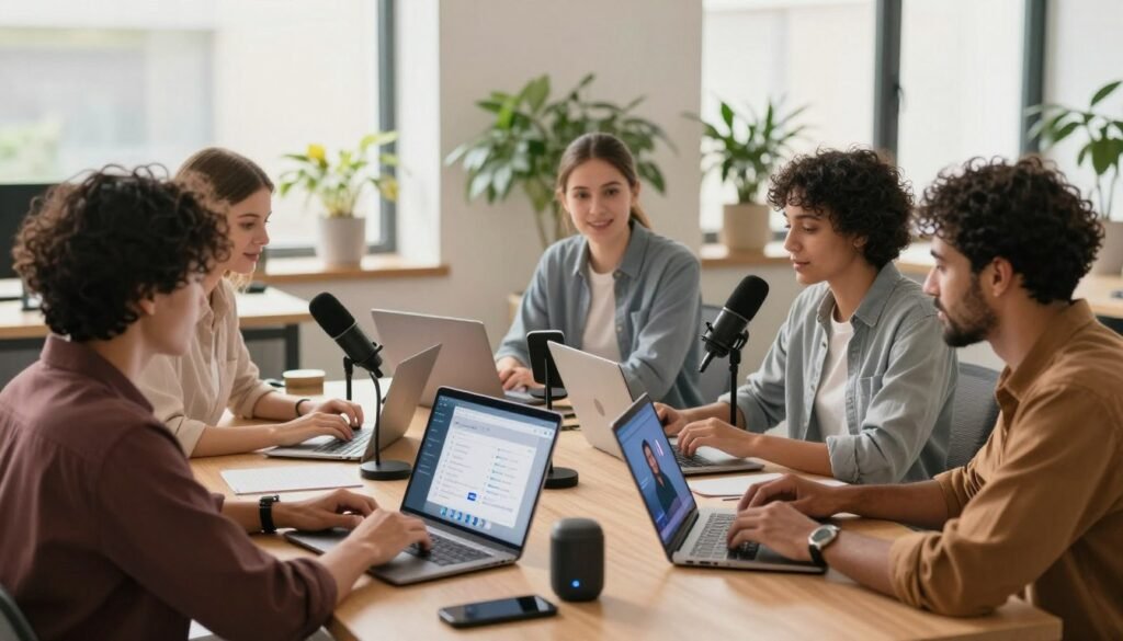 A professional and inviting workspace scene depicting the step-by-step configuration of voice for AI virtual assistants. In the foreground, a diverse group of individuals in smart casual attire are focused on their laptops, engaging with a virtual interface displayed on their screens. The middle layer showcases a clear digital setup, including microphones and smart devices. In the background, a bright and modern office environment with plants and soft lighting enhances the atmosphere of innovation and collaboration. The overall mood is productive and tech-savvy, with warm, natural light coming through large windows, casting soft shadows and creating a welcoming ambiance. Capture the essence of technology and teamwork in this vibrant setting.