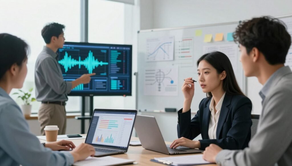A professional and modern office setting showcasing a diverse group of individuals engaged in a collaborative discussion about voice modulation using artificial intelligence. In the foreground, a focused woman in business attire sits at a table with a laptop open, analyzing data on voice tone adjustments, while a thoughtful man gestures towards a digital screen displaying waveforms and AI algorithms. The middle ground features a high-tech whiteboard filled with diagrams and notes. In the background, large windows let in soft natural light, creating a bright and optimistic atmosphere. The scene conveys determination and teamwork, emphasizing the theme of overcoming challenges in voice control technology. The composition is dynamic, with a slightly angled perspective to highlight the interaction between the people and their tech surroundings.