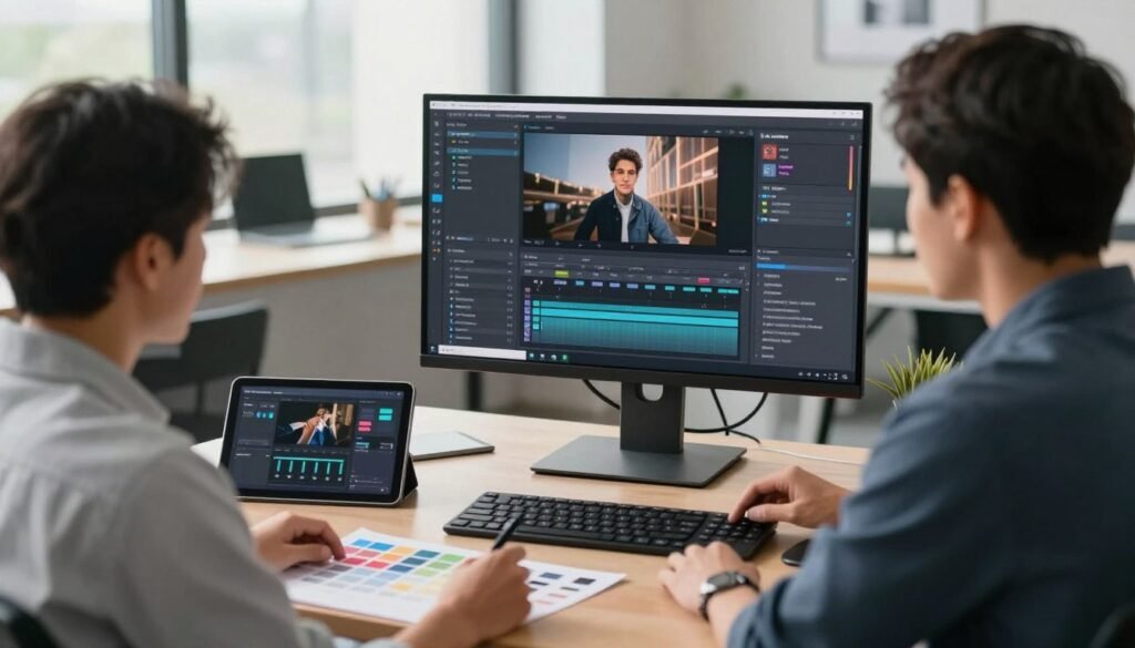 A professional and sleek workspace for digital content creation, featuring a high-resolution monitor displaying intricate graphics, illustrating advanced customization settings for resolution and quality. In the foreground, a focused creative strategist, dressed in smart casual attire, intently adjusting sliders and options on the screen. The middle ground showcases an array of digital tools, such as tablets and styluses, alongside a scatter of color swatches and design elements. The background is a modern office space with soft, natural lighting filtering through large windows, reflecting a productive and innovative atmosphere. The mood is one of concentration and creativity, emphasizing the importance of personalized digital experiences in video content creation.