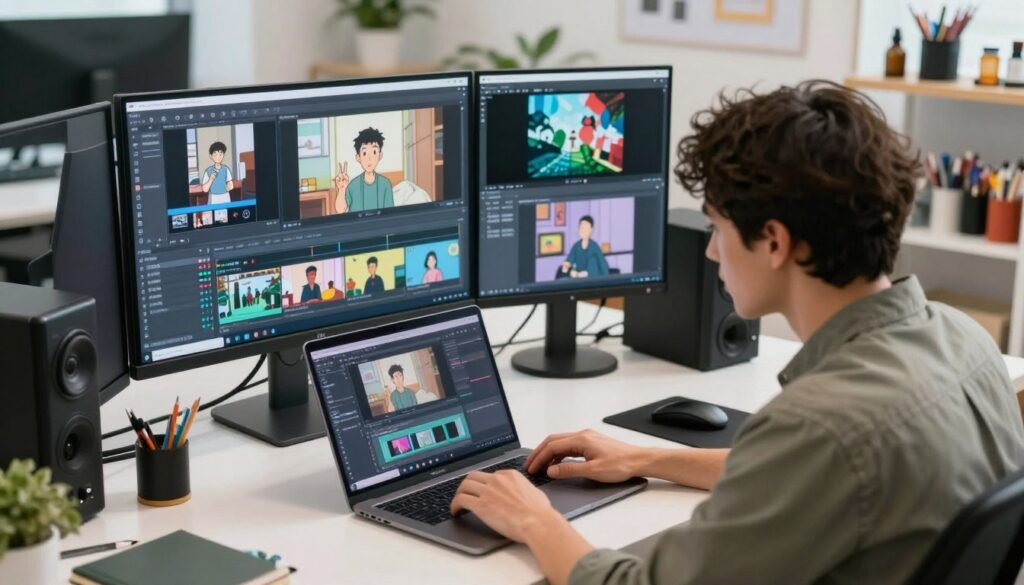 A professional animator demonstrating a step-by-step guide for converting video to animation using AI, set in a bright, modern studio. In the foreground, the animator, dressed in smart casual attire, is focused on a laptop displaying animation software. In the middle ground, various video clips and animation frames are displayed on a large monitor, creating a dynamic learning environment. The background features shelves filled with art supplies and high-tech equipment, under soft, natural lighting that enhances the creative atmosphere. The camera angle is slightly angled from above, providing a clear view of the animator's workspace and the screens, inviting viewers into the artistic process. The mood is engaging and inspiring, highlighting innovation in digital animation.