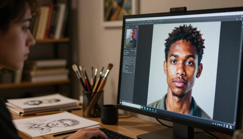 A professional artist’s workspace, featuring a dramatic scene where an AI system generates realistic portraits. In the foreground, a computer screen displays a detailed portrait of a diverse person, showcasing intricate facial features and textures. The middle ground includes various artistic tools like brushes and sketches scattered around, symbolizing creativity and the merging of technology with traditional art. The background consists of a softly lit room with shelves displaying books on AI and art. The atmosphere is focused and inspiring, illuminated by warm, diffused lighting that highlights the subject's features without harsh shadows. A close-up view from a slight angle captures the intensity of creativity and innovation in portrait generation with AI.