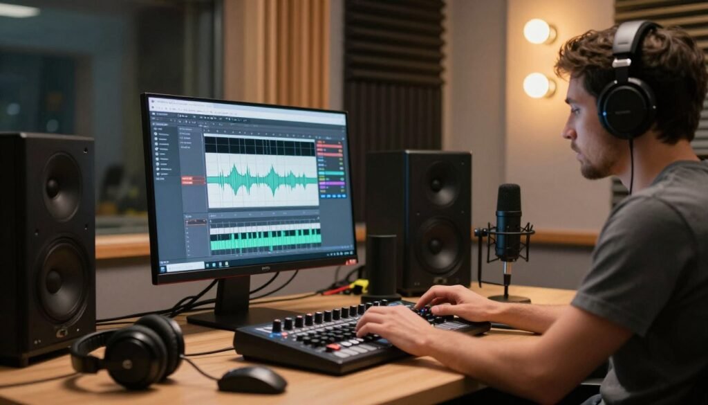 A professional audio editing workspace featuring a modern computer with Adobe Podcast Enhance open on the screen, displaying waveforms and audio adjustments. In the foreground, a focused audio engineer, dressed in smart casual attire, adjusts settings using a sleek mixer. Various microphones and headphones are scattered on the desk, emphasizing a creative audio environment. The middle ground showcases acoustic panels and soundproofing, contributing to the atmosphere of a dedicated podcast studio. In the background, soft LED lights create a warm and inviting ambiance, enhancing the mood of productivity and innovation. The lighting is balanced to highlight the engineer's concentration, with a shallow depth of field drawing focus to their work while softly blurring the background elements.