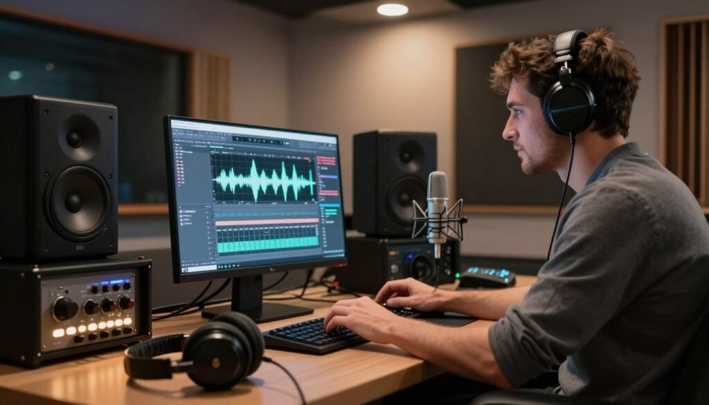 A professional audio engineer in a modern sound studio, intently working on an advanced computer interface that displays waveforms and restoration tools. The foreground features sleek technology, such as headphones and microphones, with sound equipment subtly illuminated. In the middle, the engineer adjusts intricate software controls, demonstrating the use of artificial intelligence in audio editing and restoration. The background showcases a stylish studio with acoustic panels and soft overhead lighting that casts a warm glow, creating an atmosphere of innovation and creativity. The lens should capture the action from a slight angle, emphasizing the integration of AI and modern technology in the workflow, evoking a sense of professionalism and focus.