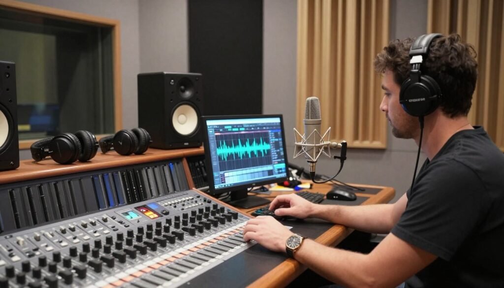 A professional audio recording setup in a modern studio environment, focusing on a sound engineer preparing high-quality audio equipment. In the foreground, a skilled audio technician in smart casual attire is adjusting a high-end condenser microphone and testing audio levels on a control panel. The middle ground features soundproof panels and an array of recording equipment, including headphones and a digital audio workstation with visual sound waves on the screen. The background showcases soft, ambient lighting that enhances the professional atmosphere of the studio, emphasizing a creative and focused mood. Use a wide-angle perspective to provide depth and detail, ensuring a sense of technical expertise and precision in the audio recording process.