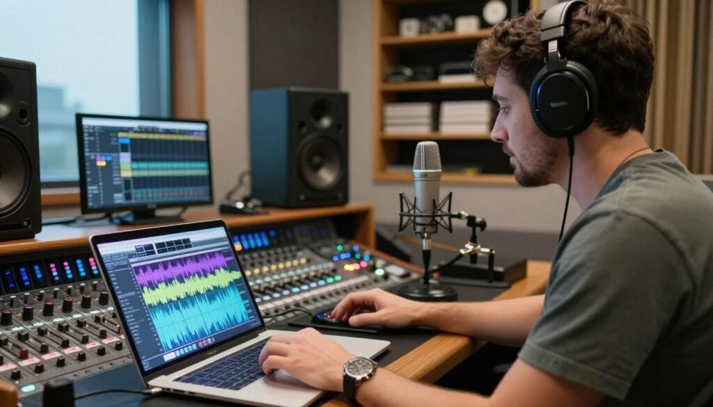 A professional audio technician working in a modern studio, surrounded by advanced audio equipment. In the foreground, focus on a laptop displaying a colorful audio waveform, highlighting the concept of audio optimization and voice cloning. The technician, dressed in casual smart clothing, is intently analyzing the sound. In the middle, various microphones and sound mixers are visible, with vibrant LED lights illuminating the space, suggesting an active and dynamic environment. In the background, shelves filled with acoustic panels and soundproofing materials create a sense of depth and professionalism. Soft, natural lighting filtering through large windows creates an inviting and focused atmosphere, ideal for creative work in audio technology. Overall, the scene conveys innovation and precision in voice cloning technology.