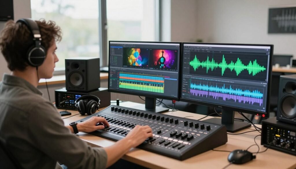 A professional audio-video editing studio, featuring a high-tech setup with dual monitors displaying vibrant sound waveforms synchronized with video clips. In the foreground, an audio engineer, dressed in smart casual attire, is focused on adjusting mixing controls, showcasing precision and concentration. The middle layer includes advanced audio equipment and headphones, emphasizing the intricacies of sound editing. In the background, large windows allow natural light to flood the room, creating a warm and inviting atmosphere. Subtle hints of digital interfaces and waveform patterns are visible on the screens, representing the optimization of audio and video quality. The overall mood is one of creativity and technical expertise in a modern workspace, highlighting the intersection of technology and artistry.