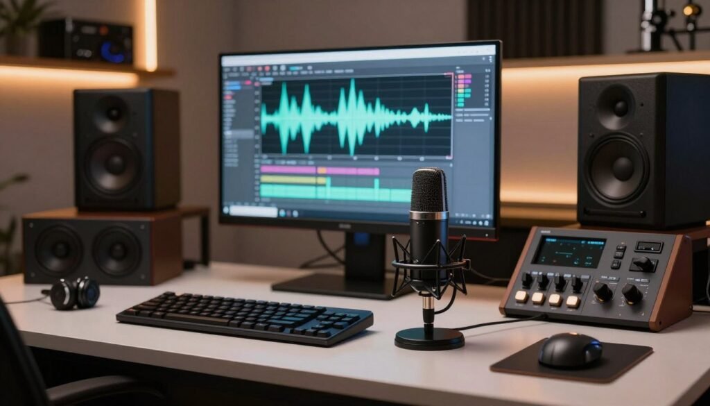 A professional audio workstation setup featuring advanced AI voice generation technology. In the foreground, a high-tech microphone is positioned on a sleek, modern desk filled with audio mixing equipment, including sound panels and controls. The middle ground showcases a computer screen displaying intricate waveforms and graphs, representing audio quality metrics. The background has softly illuminated shelves with audio equipment and soundproofing elements, creating a conducive atmosphere for sound design. Warm, ambient lighting casts a professional glow, enhancing focus and creativity. The image captures a mood of innovation and professionalism, perfect for illustrating the advantages of AI voice generation in video games, all without any text or distractions.