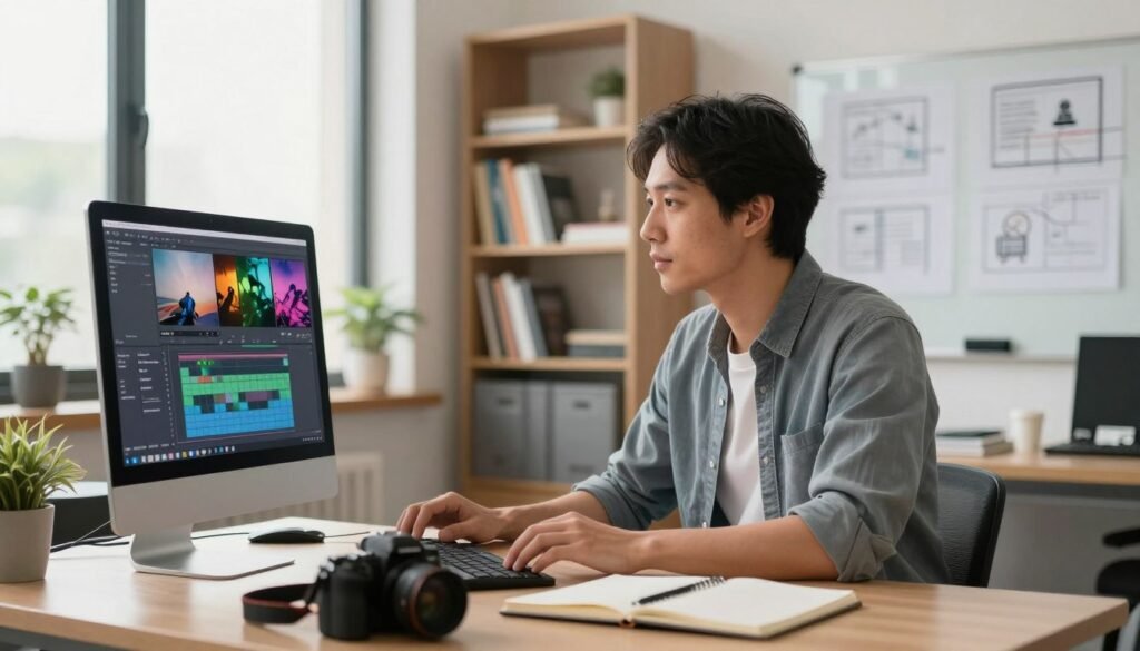 A professional audiovisual manager in a modern office setting is engaged in creating videos. In the foreground, a bright, well-organized workspace displays a high-end computer with editing software open, showcasing vibrant video clips on the screen. A notebook and a camera are also present, emphasizing the idea of practical examples. In the middle, a large window allows natural light to flood the space, highlighting the manager's focused expression as they brainstorm concepts. The background features shelves filled with video production books and a whiteboard with outlined ideas and storyboards, creating an inspiring atmosphere. The lighting is warm and inviting, suggesting a collaborative and creative mood, with a slight lens blur in the background to draw attention to the subject.