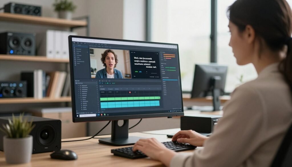 A professional audiovisual manager seated in a modern office environment, wearing smart casual attire, is focused on her computer screen, where a synchronization software interface is displayed prominently. In the foreground, there is a close-up of her hands adjusting voice-over timing on the software. In the middle, the screen shows a split image of a person speaking in a foreign language, with visual indicators illustrating lip synchronization technology. The background features shelves with audiovisual equipment and books, softly lit by warm natural light coming through large windows, creating a productive and innovative atmosphere. The overall mood is inspired and tech-savvy, emphasizing the cutting-edge nature of AI in lip-syncing techniques.