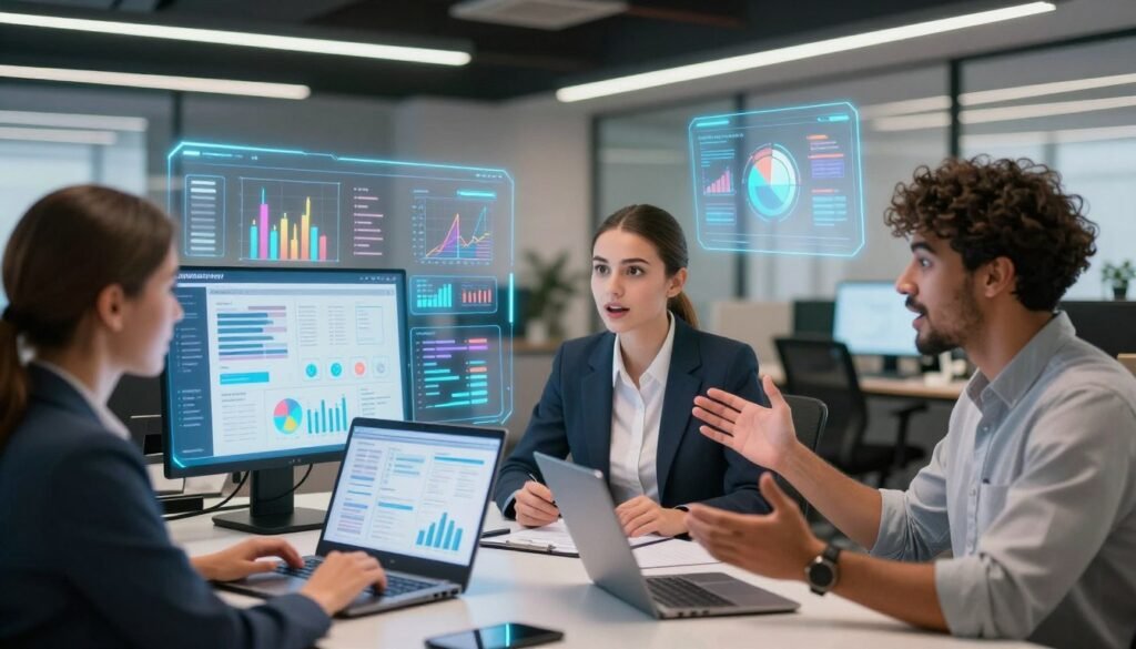 A professional business environment showcasing virtual actors in a marketing project. In the foreground, a diverse group of three virtual actors is engaged in a discussion, depicted as realistic, with expressive digital features. One actor is reviewing data on a screen, while another gestures enthusiastically. The middle ground features interactive digital interfaces and holographic marketing charts, illustrating innovative applications in project management. The background reveals a modern office space with sleek furniture and soft, ambient lighting, giving a sense of collaboration and creativity. The mood is dynamic and inspiring, highlighting the cutting-edge use of AI in marketing. Use a wide-angle lens to capture the depth and detail of the scene, emphasizing the vibrant colors and professional atmosphere.