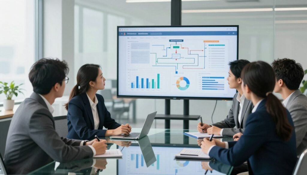 A professional business meeting scene focused on strategies for optimizing results and saving time. In the foreground, a diverse group of four people, dressed in smart business attire, are engaged in a dynamic brainstorming session around a sleek glass table. The middle features a large digital screen displaying analytical graphs and flowcharts, symbolizing efficiency. In the background, a modern office space with large windows lets in soft, natural light, creating a bright and inviting atmosphere. The setting should evoke a sense of collaboration and innovation, with a focus on teamwork in a high-tech environment. Capture this moment from a slightly elevated angle, emphasizing both the participants and the technology.