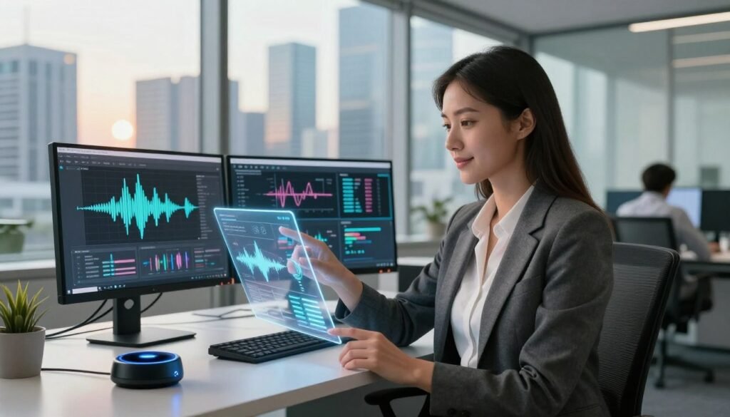 A professional, modern office setting featuring an AI specialist engaging with a sleek voice recognition device. In the foreground, a confident woman in smart business attire interacts with a translucent digital interface displaying sound waves and voice modulation options. In the middle ground, a high-tech workstation with dual monitors shows visuals of artificial intelligence algorithms transforming vocal patterns. The background captures a vibrant city skyline through large glass windows, filled with soft natural light that casts a warm atmosphere, enhancing a sense of innovation and connectivity. The mood is focused and inspiring, emphasizing the theme of transformation and the power of AI.