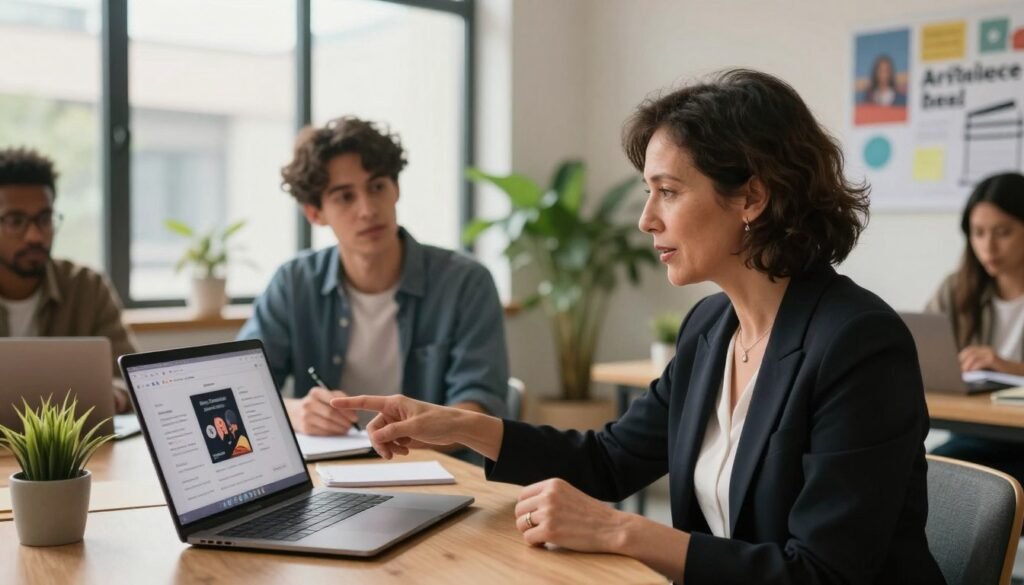 A professional, modern workspace showcasing a diverse group of individuals engaged in a brainstorming session about successful audiobook creation using artificial intelligence. In the foreground, a middle-aged woman in professional attire enthusiastically shares a testimonial while pointing at a laptop on the table, which displays a visual representation of an audiobook project. In the middle ground, a young man in casual business attire listens attentively, making notes on a notepad. In the background, large windows let in soft, warm light, creating an inviting atmosphere. Green plants add a touch of freshness, and motivational posters related to AI and creativity adorn the walls. The overall mood is collaborative and inspiring, reflecting a sense of achievement and innovation in the audiobook industry.