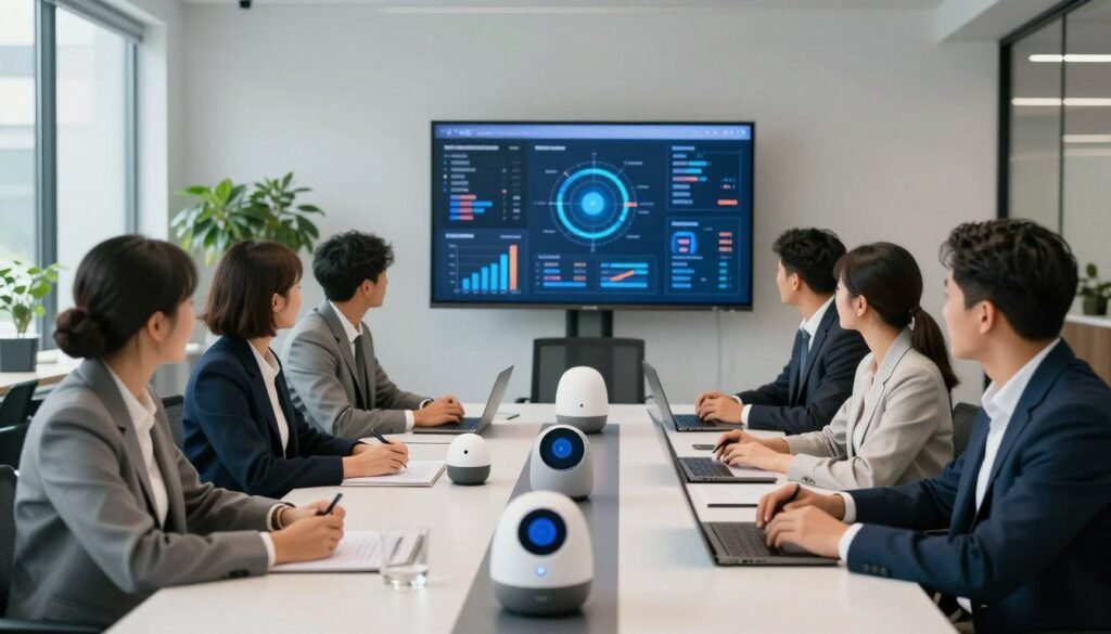 A professional office environment showcasing successful interactions between businesses and AI voice assistants. In the foreground, a diverse group of business professionals, dressed in smart attire, are engaged in a collaborative discussion around a sleek conference table. They are animatedly interacting with advanced AI voice assistant devices on the table. In the middle ground, a large screen displays data analytics and success metrics, symbolizing the effectiveness of AI in business. In the background, a bright office space with modern decor and plants enhances the atmosphere of innovation and productivity. Soft, natural lighting creates an inviting mood, while a wide-angle lens captures the entire scene, emphasizing teamwork and the incorporation of technology in business solutions.