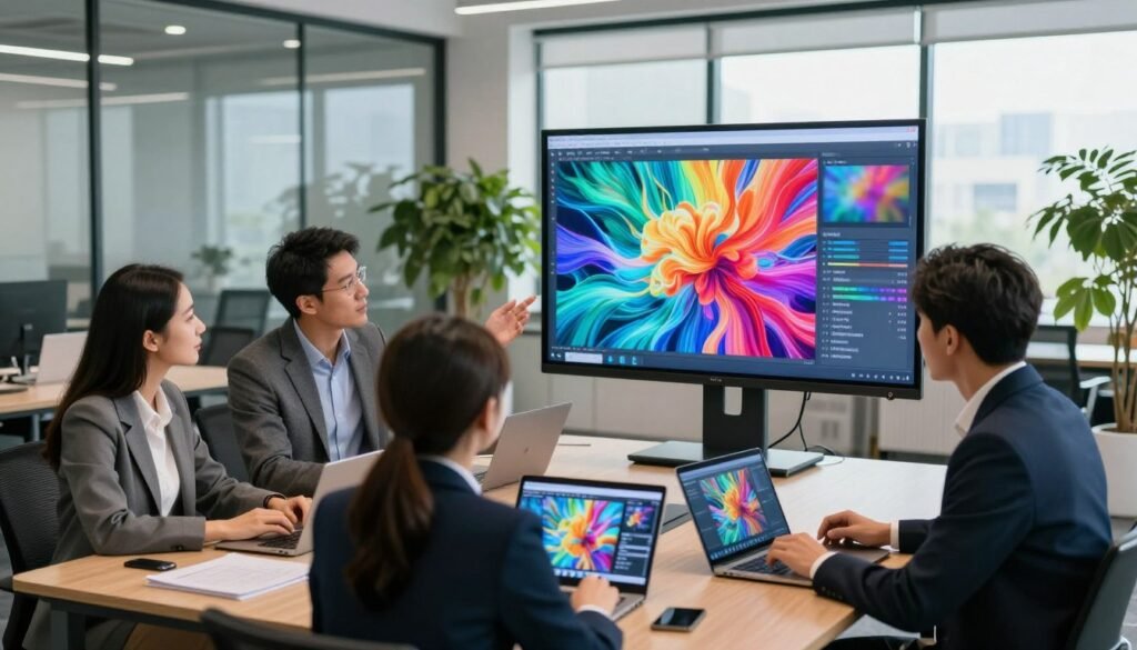 A professional office environment showcasing the commercial integration of AI-generated images. In the foreground, a diverse group of three individuals, a man in a sharp suit and two women in smart casual attire, are engaged in a collaborative discussion while examining a large digital display featuring vibrant, creative AI-generated visuals. In the middle, stylish conference tables are scattered with tablets and laptops, each showing snippets of AI artwork. The background features a modern office design with glass walls and lush greenery, bathed in soft, natural light streaming in from large windows. The atmosphere conveys innovation and collaboration, highlighting the transformative potential of AI in commercial applications. The image is captured from a slightly elevated angle to give a comprehensive view of the scene, emphasizing both the people and the engaging technology around them.