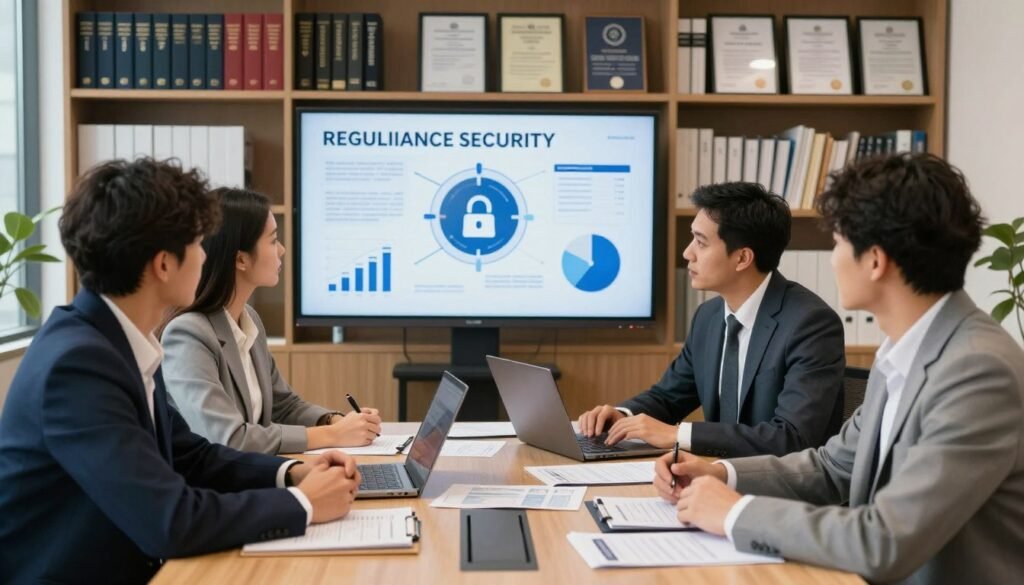 A professional office setting focused on regulatory compliance and security. In the foreground, a diverse group of three business professionals—one woman and two men—are engaging in a discussion around a large conference table covered with documents, laptops, and compliance checklists. They are dressed in sleek business attire, conveying professionalism and collaboration. The middle ground includes a large screen displaying infographics about compliance and security measures. In the background, shelves filled with regulatory books and industry certifications reflect a commitment to safety and compliance. The lighting is bright and warm, creating an inviting atmosphere, captured from a slightly elevated angle to give depth and perspective. The overall mood is focused and serious, emphasizing the importance of security in business practices.