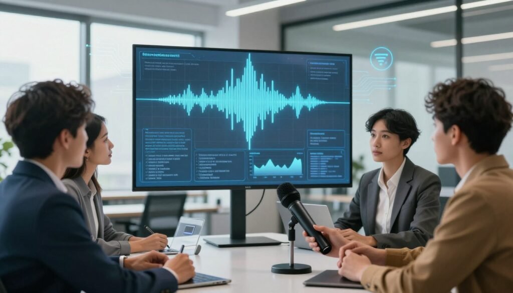 A professional setting depicting the voice-to-text transformation process. In the foreground, a diverse group of business professionals in smart casual attire concentrates on a sleek microphone and a high-tech screen displaying waveforms converting to written text. In the middle, complex visualizations of sound waves morph into clear text, symbolizing the technology at work. In the background, a modern office space with large windows, allowing soft, natural light to illuminate the scene, creating a bright and inspiring atmosphere. Subtle hints of digital elements, like circuitry and translation icons, float around, enhancing the tech theme. The overall mood is innovative and collaborative, emphasizing the cutting-edge nature of AI in language processing.