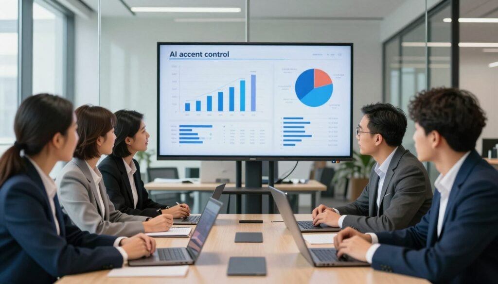 A professional setting illustrating the usage of AI in accent control. In the foreground, a diverse group of people in smart business attire are engaged in a discussion around a table with laptops and notepads, showcasing their experiences with AI tools. In the middle ground, a large screen displays visual graphs and data related to accent control technologies, emphasizing their effectiveness and real-world applications. The background features a modern office environment with clear glass windows letting in natural light, creating a bright and inviting atmosphere. The overall mood is collaborative and innovative, showcasing the intersection of technology and linguistics. The composition is well-lit, with soft shadows to enhance the depth and clarity of the image.
