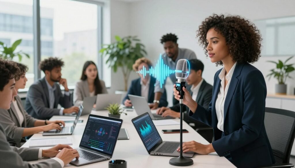 A professional setting showcasing a diverse group of individuals in business attire collaborating on a project. In the foreground, a woman with curly hair stands beside a futuristic microphone, discussing voice synthesis on a laptop, with sound waves visually represented around her. The middle layer features a sleek conference table cluttered with tech gadgets and digital devices, including tablets displaying voice synthesis software. In the background, large windows allow natural light to flood the room, filled with greenery and a modern cityscape visible outside. The atmosphere is dynamic and innovative, emphasizing teamwork and the integration of AI in realistic voice synthesis. The lighting is bright and soft, creating an inviting and professional environment.