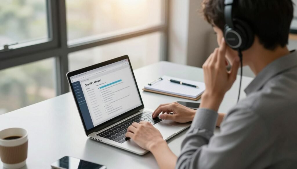 A professional setting showcasing a focused individual using OpenAI's Whisper for transcription. In the foreground, a person dressed in smart casual attire, seated at a sleek, modern desk with a laptop open, displaying a transcription interface. They are attentively listening through headphones, with a look of concentration. The middle ground features an organized workspace, with notepads, pens, and a coffee mug, emphasizing productivity. The background includes large windows with soft, natural light filtering in, casting a warm glow, creating an inviting atmosphere. The overall mood is one of diligence and accuracy, capturing the essence of precision in transcription technology. The angle is slightly elevated, offering a clear view of the subject and their workspace, with a clean and professional ambiance.