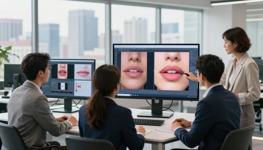A professional setting showcasing the practical applications of AI-driven lip-sync technology. In the foreground, a diverse group of three individuals in smart business attire are interacting with a large touchscreen display, demonstrating lip-sync animation features. The middle layer presents a sleek, modern workspace outfitted with high-tech equipment and software screens showing real-time lip-sync results. In the background, a city skyline is visible through large windows, bathed in soft, natural daylight, creating a vibrant yet professional atmosphere. The overall mood exudes innovation and collaboration, with a focus on cutting-edge technology and its applications in various industries. Lighting is bright and even, emphasizing clarity and engagement.
