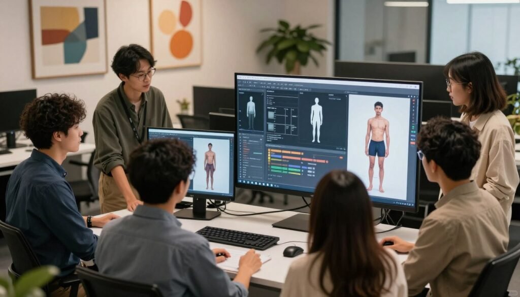A professional setting showcasing the processes and outcomes of full-body generation with AI. In the foreground, a diverse group of individuals in smart casual clothing collaborates around a sleek digital display showing AI-generated images of full-body figures. In the middle, a high-tech workstation with monitors displaying algorithms and 3D models, highlighting the technical aspects of AI generation. The background features a modern, well-lit office environment with abstract art and greenery, creating a warm, innovative atmosphere. Soft, diffused lighting enhances the focus on the team and the digital outputs. A slight bird's-eye angle captures the dynamic interaction and technological advancement in AI body generation.