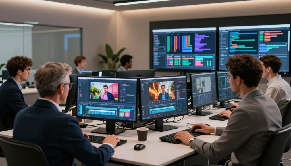 A professional video editing studio, showcasing the transformation and enhancement of content through AI. In the foreground, a diverse group of professionals, dressed in smart business attire, are engaged with advanced screens displaying vibrant video clips transformed by AI technology. In the middle ground, modern editing equipment and AI algorithms visually manifest as digital overlays, depicting data flow and AI data processing. The background features a sleek, high-tech environment with ambient lighting that enhances creativity. Use soft, warm lighting to create an inviting yet focused atmosphere, emphasizing the dynamic interaction between humans and technology. The perspective is slightly angled to capture the depth of the studio, adding a sense of professionalism and innovation.