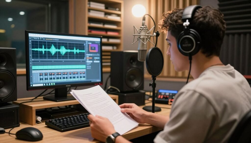 A professional voice actor in a recording studio, surrounded by advanced audio equipment, such as microphones and soundproofing panels. The foreground features the actor, a person in smart casual attire, focused on a script and wearing headphones, embodying concentration and creativity. In the middle ground, a digital screen displays audio waves and video frames, indicating a seamless interplay of video and voice. The background showcases shelves filled with dubbing materials, such as scripts in multiple languages and sound-editing tools. Soft, warm lighting creates an inviting atmosphere, while a lens flare softly highlights the actor's determination. The overall mood conveys the challenges and learning experiences in AI-driven dubbing, emphasizing professionalism and innovation.