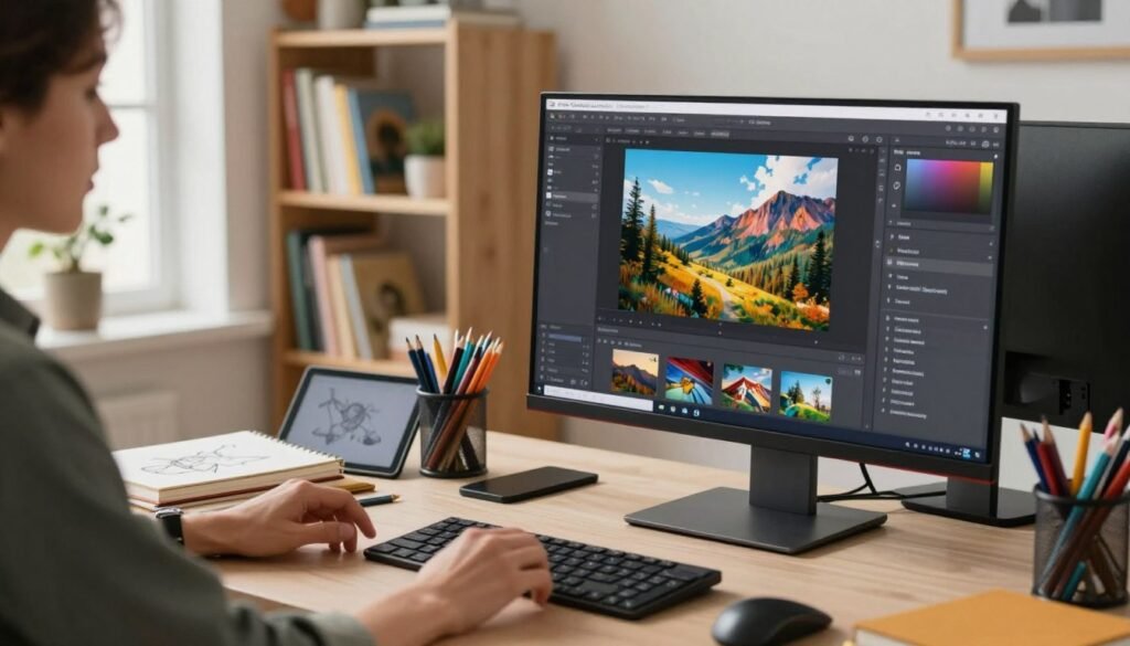 A professional workspace featuring a computer setup showcasing the ComfyUI ControlNet interface. In the foreground, a sleek monitor displays a vibrant image generation dashboard with various settings and visual elements highlighted. To the left, a person in smart casual attire explores the interface, showcasing creativity and innovation. The middle ground includes a stylish desk filled with creative tools: sketchbooks, digital tablets, and colorful pens. In the background, a soft-focus bookshelf filled with art books adds depth, while natural light streams through a window, creating a warm and inviting atmosphere. The mood is inspirational and focused, evoking a sense of discovery and creativity in image projects. The scene is devoid of text or logos, emphasizing the workspace and technology.