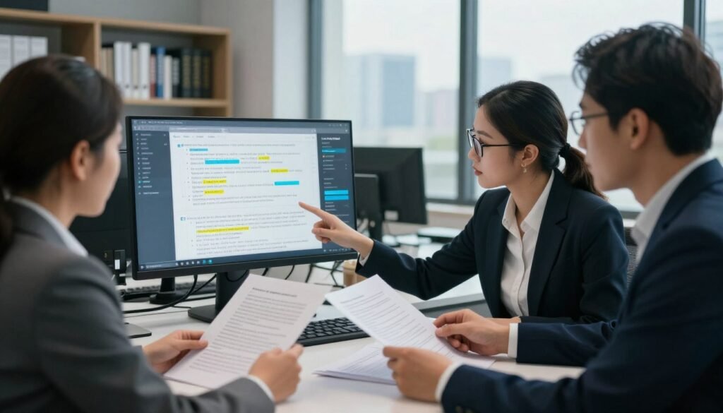 A professional workspace focused on the quality control of automatic translations. In the foreground, a diverse group of three people in business attire, analyzing papers and digital screens displaying multilingual text. One person, a woman with glasses, is pointing at a screen with translation errors highlighted. In the middle ground, a large monitor shows graphs and statistics related to translation accuracy, with a futuristic interface. In the background, shelves filled with books on linguistics and a window revealing a cityscape under soft daylight. The atmosphere is collaborative and focused, emphasizing professionalism and precision in the quality assurance process. Soft, natural lighting enhances the modern, tidy environment while maintaining a serious mood.