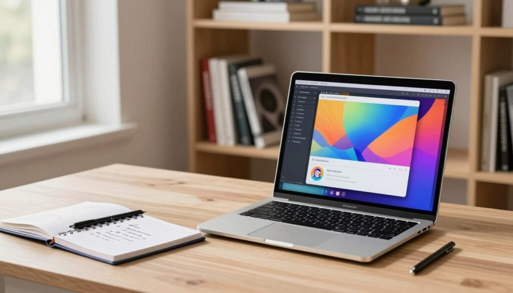 A professional workspace setting showcasing a step-by-step guide on using Stable Diffusion. In the foreground, a modern laptop displays a vibrant, detailed image generated by Stable Diffusion, with colorful abstract visuals. Beside it, there's a neatly organized notebook with handwritten notes and a stylus, indicating a creative process. In the middle background, a minimalistic bookshelf filled with design books and technology guides adds an intellectual touch. Soft, natural lighting streams through a window, creating a warm atmosphere. The overall mood is innovative and inspiring, encouraging viewers to explore their creative potential. The scene is devoid of text or any distractions, focusing solely on the tools and environment facilitating image generation.