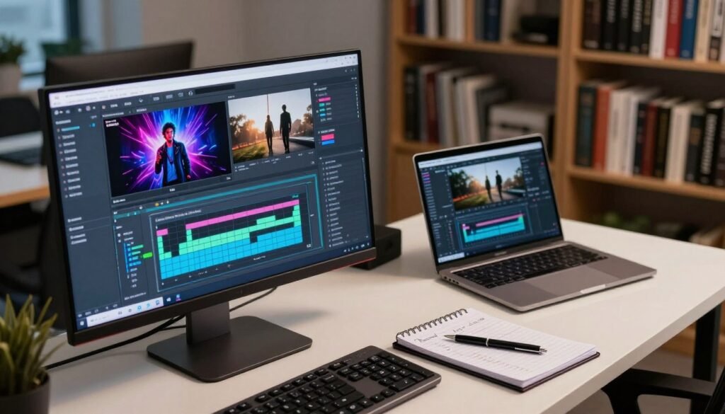 A professional workstation showcasing a comparative analysis of artificial intelligence tools for video production. In the foreground, a sleek computer monitor displays colorful graphs and charts evaluating various AI video editing software options. Beside the monitor, a notepad with handwritten notes and a modern pen, emphasizing a diligent work ethic. In the middle ground, a stylish office desk with a laptop open to a video editing program. In the background, bookshelves filled with professional books on filmmaking and technology, softly illuminated by ambient desk lighting. The atmosphere is focused and analytical, suggesting innovation and professionalism in the video production field. The composition is captured from a slightly elevated angle to provide depth and clarity.