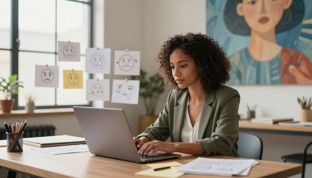 A serene and inviting workspace showcasing the integration of emotions into narrative content. In the foreground, a creative professional, a woman of diverse ethnicity, dressed in smart casual attire, is deeply engaged with her laptop, surrounded by notes and creative materials. The middle ground features scattered sketches of emotional expressions and narrative arcs, hinting at a brainstorming process. In the background, the room is softly illuminated by warm, natural light filtering through a large window, casting gentle shadows. An inspiring mural depicting abstract emotions hangs on the wall, blending blues and warm tones, enhancing the atmosphere of creativity and reflection. The overall mood is focused yet harmonious, conveying a sense of purpose in crafting emotionally resonant stories.