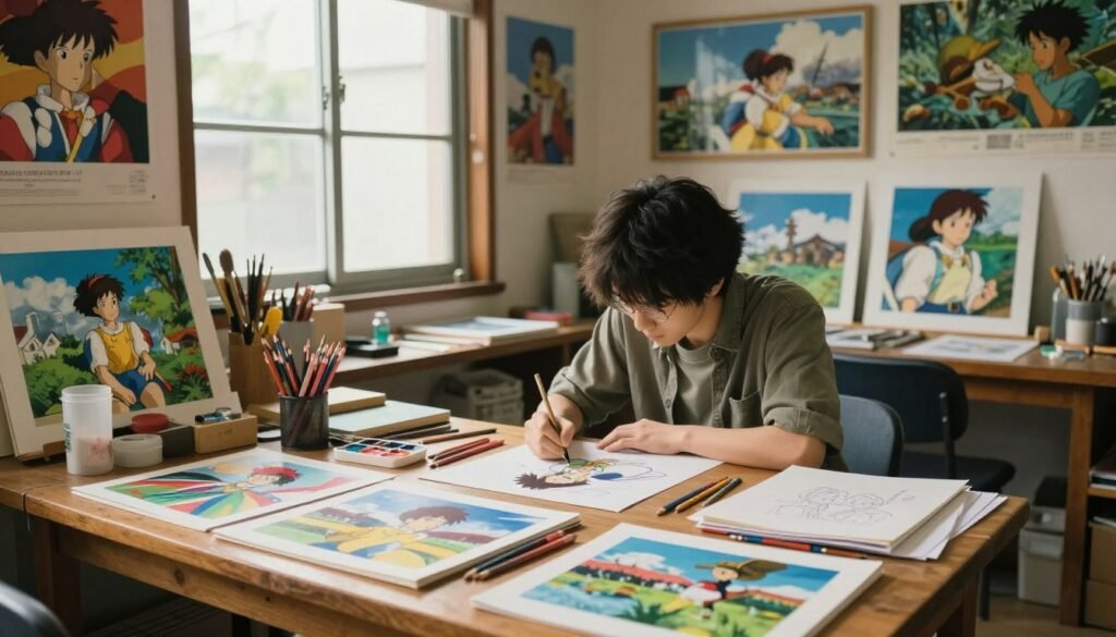 A serene art studio filled with a warm, inviting atmosphere. In the foreground, a wooden table is cluttered with vibrant art supplies—sketch pads, colored pencils, and watercolor paints—highlighting the creative process of transforming images into Ghibli-style artworks. In the middle ground, an artist, dressed in casual attire, is concentrating on their work, surrounded by reference images of iconic Studio Ghibli scenes, capturing the magic and whimsy that defined the films. The background features a large window with soft, natural light streaming in, illuminating a wall filled with Ghibli posters and framed artwork. The overall mood is inspiring and uplifting, encouraging creativity and imagination.