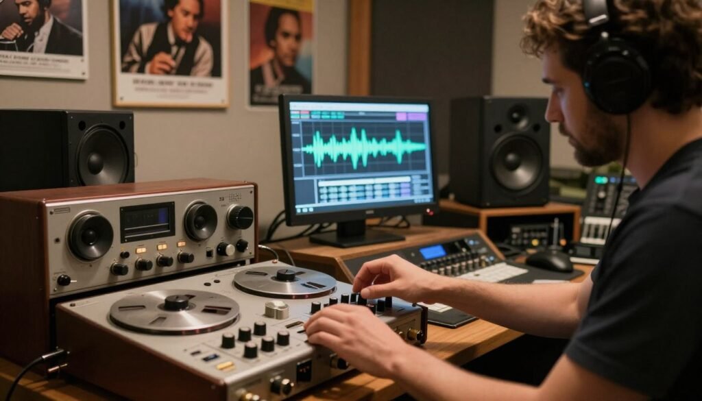 A serene audio restoration studio filled with vintage equipment and modern technology. In the foreground, an expert technician wearing professional attire meticulously adjusts the knobs of an old tape machine, showcasing precision in restoring antique audio materials. The middle area features various audio restoration tools like digital audio workstations and soundwave monitors displaying before-and-after waveforms, highlighting the quality improvements. The background is softly lit, with posters of classic musicians and albums on the walls, creating a nostalgic atmosphere. Warm, ambient lighting enhances the mood, while a slight focus blur adds depth. The overall scene conveys dedication to quality and precision in audio restoration, merging tradition with modern techniques.