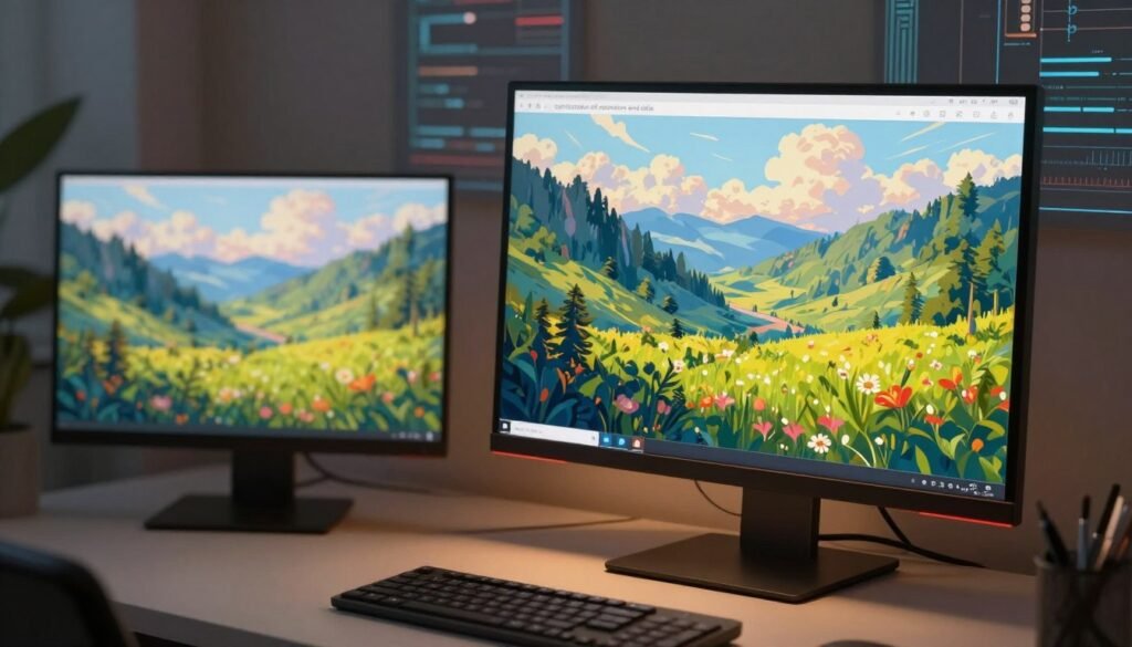 A serene digital art scene illustrating "optimization of resolution and style" in an AI art context. In the foreground, a high-tech workstation with a sleek monitor displaying vibrant artwork, glowing softly in warm light. The middle ground features a digitally painted landscape evolving into a more detailed and high-resolution version, showcasing a gradual transition of style and clarity. The background includes abstract digital patterns symbolizing the intricacies of AI processes. Soft, diffused lighting creates a calm, engaging atmosphere, evoking creativity and innovation. The angle is a slightly elevated perspective, enhancing the focus on the workstation's display while allowing the viewer to appreciate the broader scene of artistic evolution.