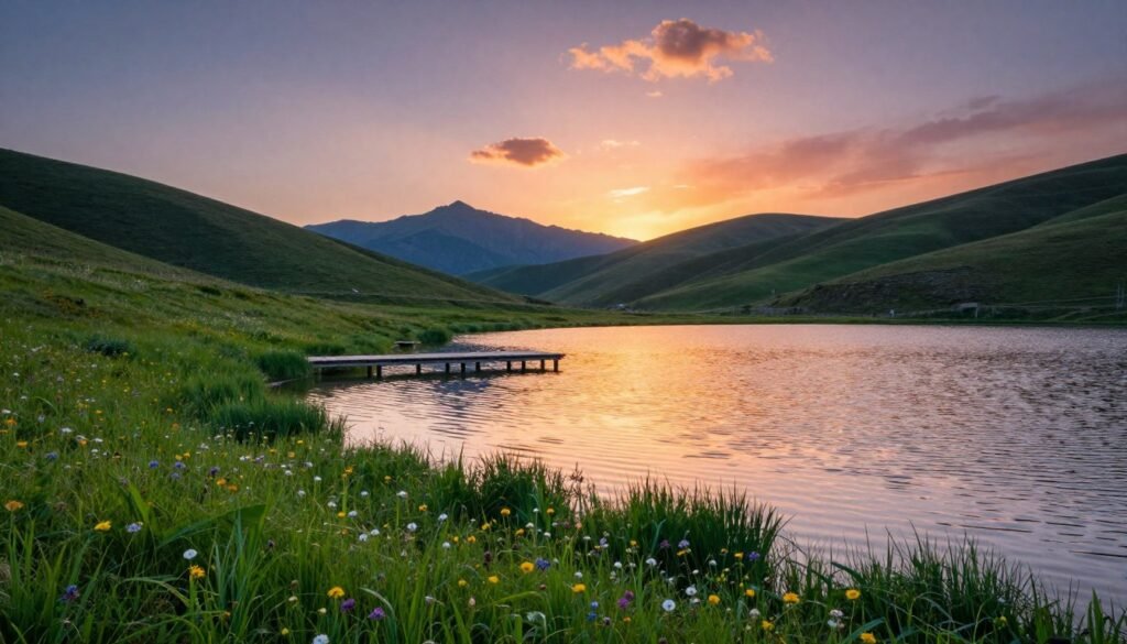A serene landscape featuring a vibrant sunset over rolling hills, with a crystal-clear lake reflecting the colorful sky. In the foreground, lush green grass sprinkled with wildflowers leads to the calm water, while a few gentle ripples enhance the sense of motion. In the middle ground, a small wooden dock extends into the lake, inviting viewers to imagine stepping into this picturesque scene. The background reveals majestic mountains silhouetted against the radiant sky, emphasizing the vastness of nature. The lighting is soft and warm, creating a tranquil atmosphere that evokes a sense of peace and inspiration. Capture this scene with a wide-angle lens to convey depth and richness while highlighting the stunning optimization of colors and details.