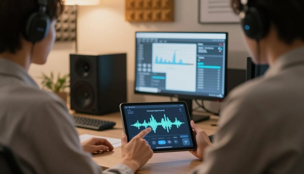 A serene office environment showcasing a professional setting where individuals are engaged in an immersive listening experience. In the foreground, a person wearing modern business attire interacts with a sleek tablet displaying sound wave graphics, highlighting the personalized speech speed control feature. In the middle, a digital screen shows interactive visualizations of audio adjustments, enhancing clarity and comprehension. The warm, ambient lighting creates a calming atmosphere, promoting focus and concentration. In the background, soft-focus elements like soundproofing panels and modern technology emphasize innovation in auditory experiences. The perspective is slightly angled to give depth, capturing a moment of discovery and empowerment through technology.