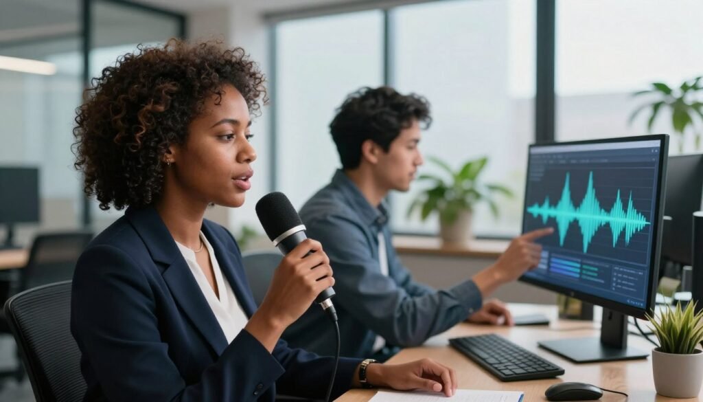 A serene office environment showcasing diverse individuals engaging with advanced text-to-speech technology. In the foreground, a professional Black woman in smart business attire is speaking into a high-tech microphone, her face expressing focus and creativity. In the middle ground, a Hispanic male colleague, also in business attire, interacts with a sleek computer interface displaying visual sound waves, symbolizing voice modulation. The background features a well-lit, modern office with large windows allowing soft, natural light to filter in, illuminating plants and contemporary furniture. The overall mood is one of collaboration and innovation, emphasizing the richness and variety of voices in AI technology.