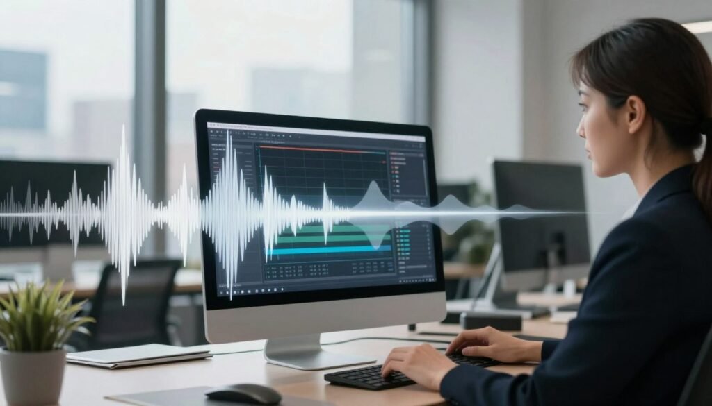 A serene office environment where a professional woman in business attire is using a computer. In the foreground, show sound waves visually transforming from chaotic, jagged lines into smooth, clear waves as they transition into the background. The middle layer features an AI software interface on the computer screen, depicting noise reduction graphs and metrics. Soft, natural lighting filters through large windows, creating a calm atmosphere. In the background, a clear cityscape view symbolizes distraction-free productivity. The mood is focused and efficient, emphasizing the benefits of background noise elimination through advanced technology. Use a slight depth of field to enhance the main subject while keeping the background visible.