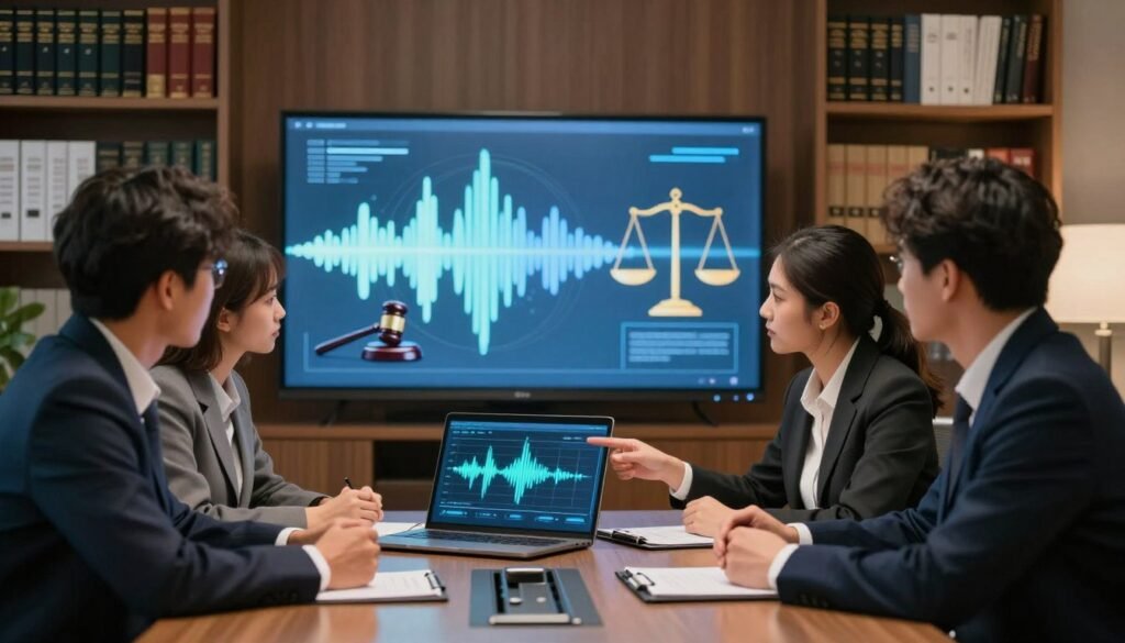 A serene office setting with a professional tone, focusing on aspects of ethical and legal considerations in vocal cloning. In the foreground, a diverse group of three individuals in business attire discussing around a sleek conference table, with one person pointing at a digital display showcasing voice waveform graphs. In the middle, a large screen presents abstract visuals of sound waves blending with legal symbols, like a gavel and scales of justice, symbolizing the intertwining of technology and ethics. The background features bookshelves filled with legal texts and AI research papers, softly illuminated by warm lighting. Use a shallow depth of field to create a focused, contemplative atmosphere, emphasizing the seriousness of the topic without distractions.