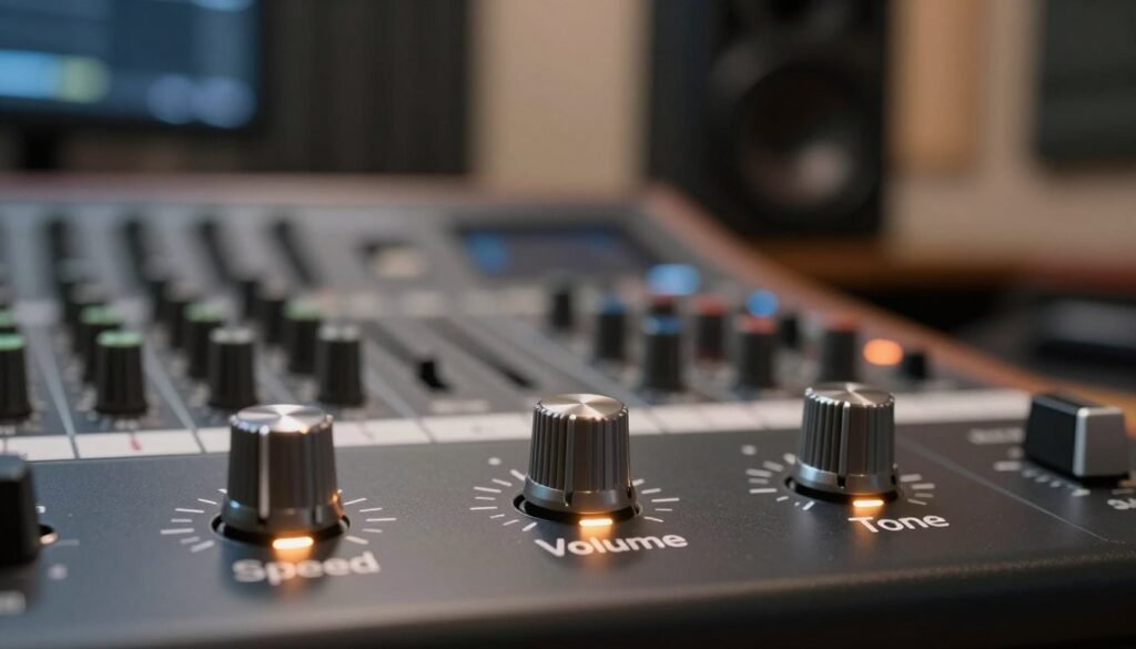 A sleek and modern audio control panel set against a soft-focus studio background. In the foreground, three distinct knobs labeled "Speed," "Volume," and "Tone," each designed with a metallic finish, illuminated by subtle, warm lighting that reflects their surfaces. The middle layer features mixing equipment and soundproof panels, creating an atmosphere of a professional sound studio. The background consists of blurred audio equipment and acoustic treatment materials, hinting at a creative audio space. The overall mood is innovative and high-tech, with sharp details emphasized by a shallow depth of field, capturing the essence of audio quality and vocal effects production.