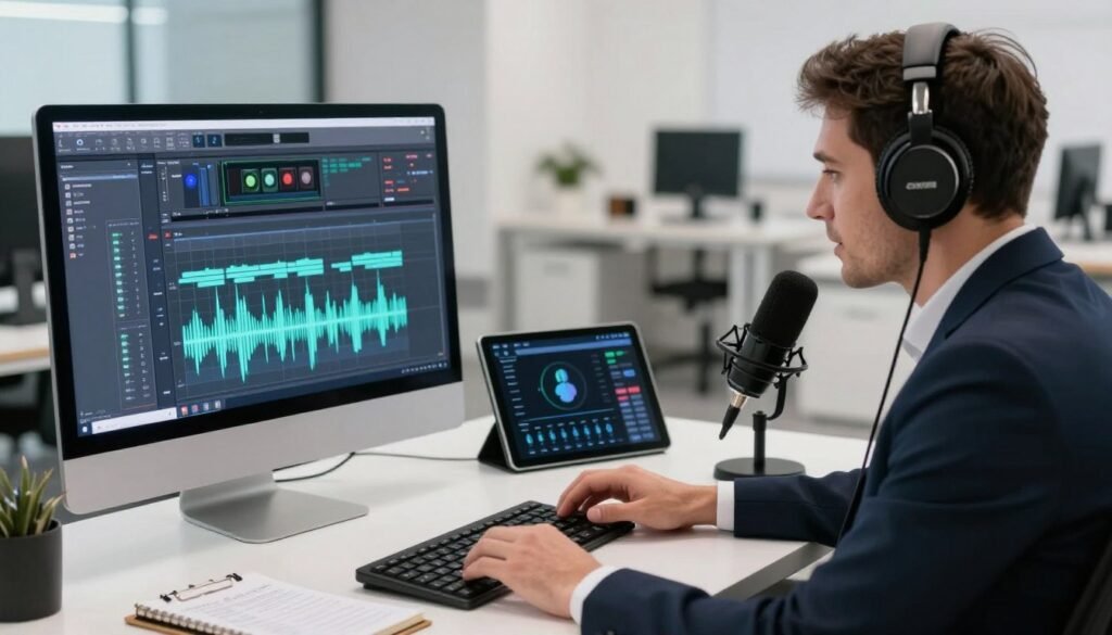 A sleek and modern workspace featuring a high-tech computer setup with sound editing software open on the screen, showcasing audio waveforms. In the foreground, there's a professional wearing business attire, focused on their task, wearing headphones and speaking into a high-quality microphone. In the middle, various tools for voice cloning are displayed, including a tablet with voice analysis software and a notepad with written notes. The background features a bright and contemporary office space with soft ambient lighting that highlights the technological aspects of voice cloning. The overall mood is innovative and professional, emphasizing the advanced nature of voice cloning technology while ensuring a clear and clean composition.