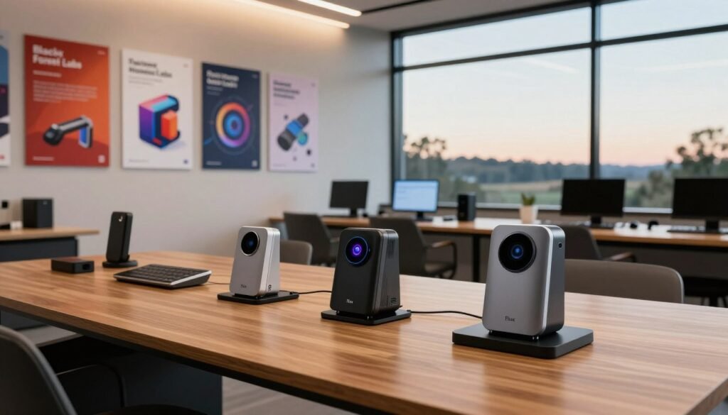 A sleek and modern workspace featuring various Flux models developed by Black Forest Labs, showcased on a large wooden table. In the foreground, prominently displayed are several sleek devices with distinctive designs, each highlighting unique features. The middle ground includes an elegant wall adorned with vibrant posters detailing the functionality and innovations of Flux models, illuminated by soft ambient lighting. In the background, a large window offers a view of a serene landscape, enhancing the calm and professional atmosphere. The image is captured with a wide-angle lens, focusing on the devices while blurring the background slightly. The lighting creates a warm and inviting mood, perfect for conveying innovation and creativity in technology.