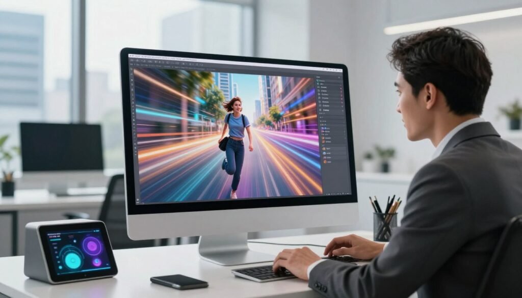 A sleek digital workspace with a large computer screen displaying a vibrant AI-generated image in progress, illustrating the concept of real-time image generation with speed and efficiency. In the foreground, a focused professional in business attire interacts with the computer, their expression conveying concentration and excitement. The middle ground features a modern, minimalistic workspace with high-tech gadgets and colorful graphics, symbolizing innovation. Soft lighting accentuates the scene, creating an inspiring atmosphere. In the background, large windows reveal a bustling cityscape, hinting at the fast-paced world outside. The overall composition should evoke a sense of cutting-edge technology and creativity, emphasizing the seamless integration of AI in image generation.