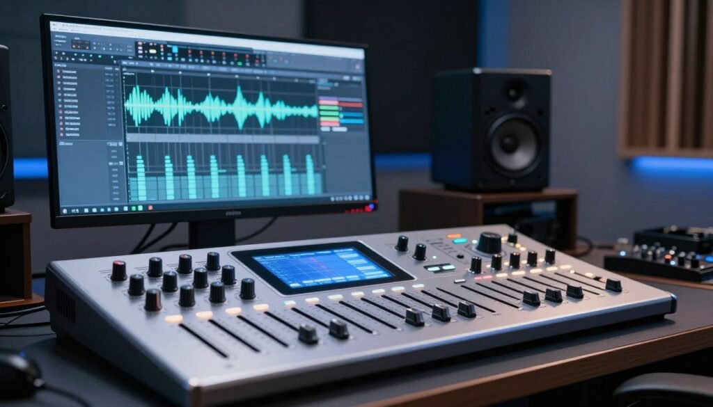 A sleek, modern audio control interface displayed prominently in the foreground, featuring a series of futuristic sliders, knobs, and touch-sensitive screens. The middle layer showcases a sophisticated digital audio workstation on a high-resolution monitor, filled with waveforms and equalizer settings, signifying advanced audio manipulation capabilities. In the background, a subtly lit studio environment with soundproof walls and high-end audio equipment creates an immersive atmosphere. Soft blue and silver lighting casts a professional glow across the scene, enhancing the hi-tech vibe. The image captures a sense of focus and innovation, perfect for a discussion on real-time voice modulation with AI. Ensure the overall composition is clean and professionally oriented, with no text or branding elements present.